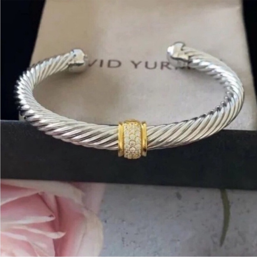 David Yurman Two-Tone Cable Cuff Bracelet with Gold and Diamonds 7mm